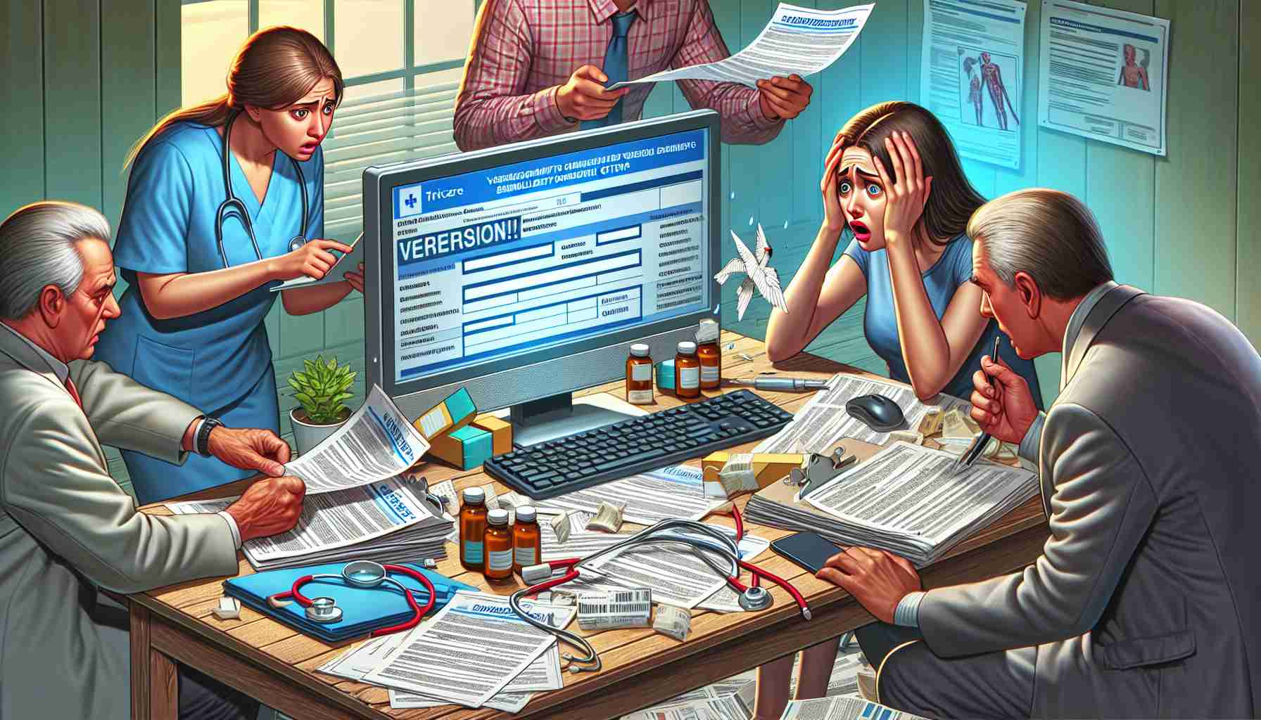 An HD image depicting a realistic scenario where Tricare beneficiaries are being urged to verify their enrollment status due to a temporary glitch. Picture might include worried individuals on their computers, medical documents spread on a table, and a sense of urgency in the actions of the depicted characters.